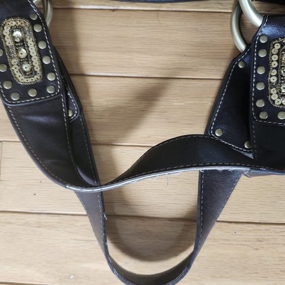 Franco Sarto Green and Brown Shoulder Bag with Gold Accent Vintage Boho Design - Picture 9 of 13